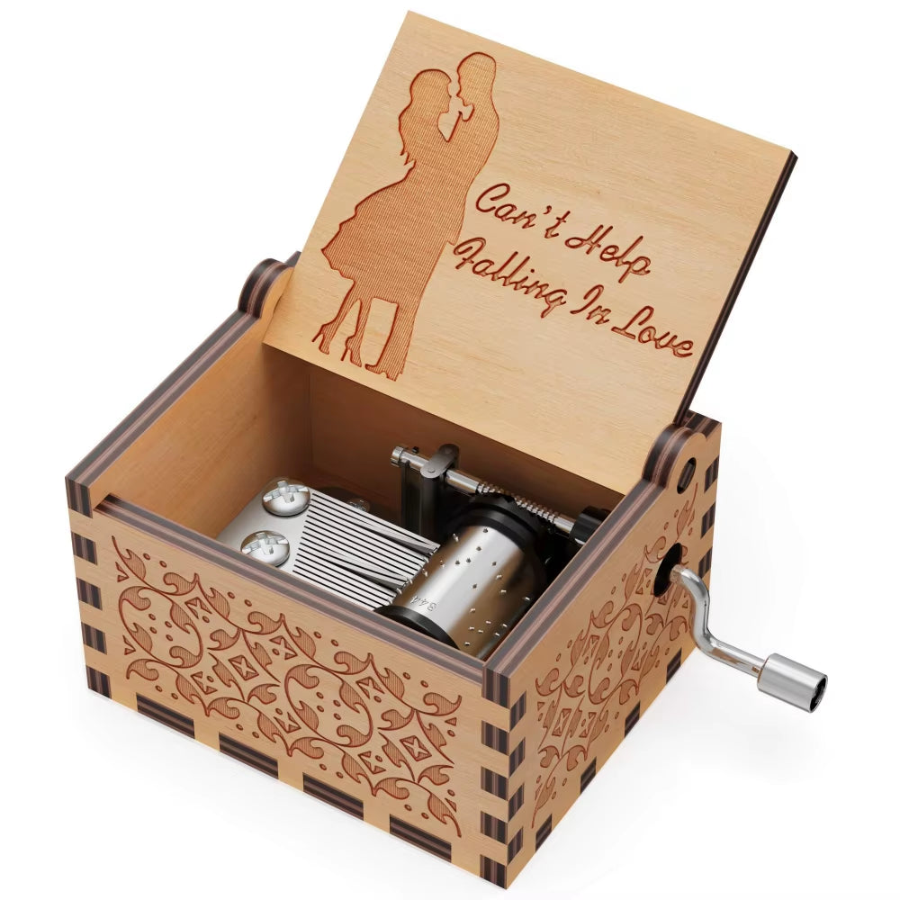 Wooden Hand-Cranked Music Box Vintage Engraving Music Box Can'T Help Falling in Love Valentines Day Gift Birthday Presents