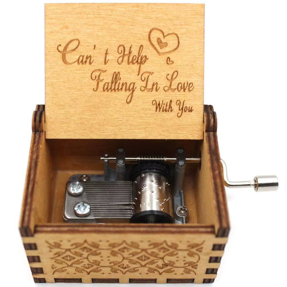 Wooden Hand-Cranked Music Box Vintage Engraving Music Box Can'T Help Falling in Love Valentines Day Gift Birthday Presents